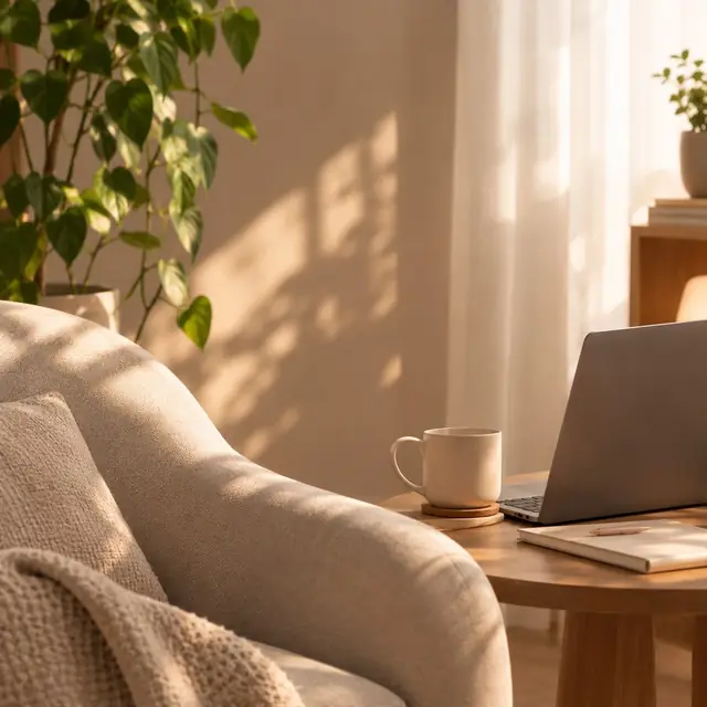 Poltrona e notebook em um ambiente acolhedor